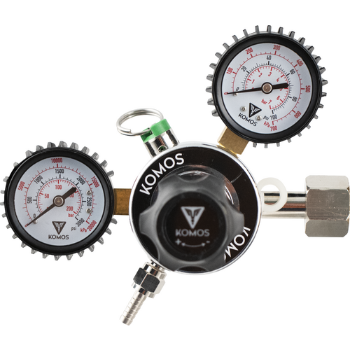 KOMOS® Premium Dual Gauge CO2 Regulator | Industrial-Grade | 0–60 PSI Operating Range | 1/4" Flare Fitting with Barbed Outlet & Duotight Adapter Fitting